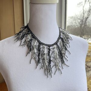 VTG Handmade Seed Bead Coral Fringe Statement Necklace Black White Boho Artwear